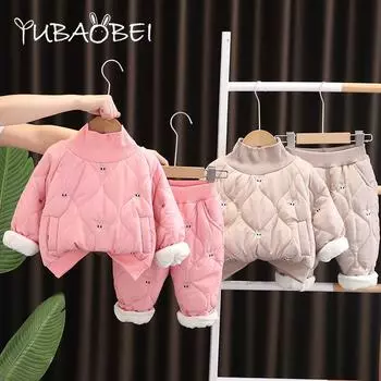 Детская зимняя одежда с рисунком кролика для мальчиков и девочек, флисовый топ с высоким воротом + утепленные штаны, спортивная одежда для активного отдыха 100 розовый