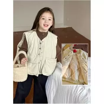 Детская зимняя однотонная повседневная рабочая теплая жилетка удобная мягкая однобортная куртка 160