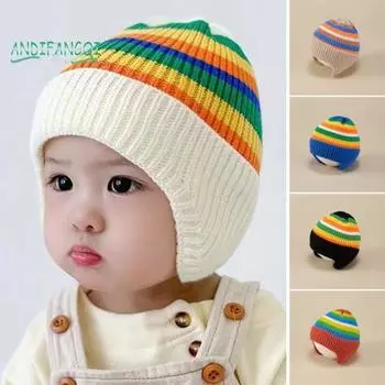 Детская зимняя полосатая радужная шапка - цветная вязаная, плотная теплая, эластичная защита ушей, мягкая ветрозащитная детская шапка унисекс синий