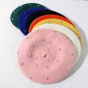 Детская зимняя шапка для девочек, ретро-береты для малышей с жемчугом, осенне-зимняя детская шапка для детей, аксессуары розовый