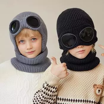 Детская зимняя шапка для катания на лыжах, комплект из шарфа, вязаная детская шапочка с очками, защита ушей, детский чепчик, шапки для девочек и мальчиков 4-10 лет белый