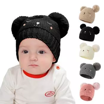 Детская зимняя шапка для малышей, детская теплая вязаная толстая лыжная шапка с помпоном для мальчиков и девочек розовый