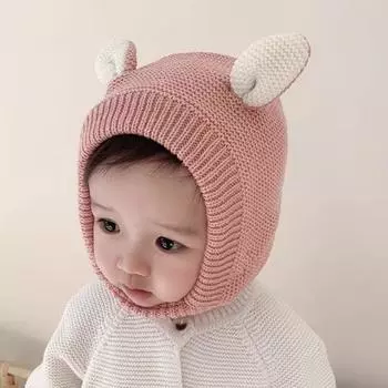 Детская зимняя шапка, мультяшный декор для ушей, защита для ушей, вязаная эластичная, соответствующего цвета, толстая, теплая, унисекс, легкая, мягкая, реквизит для фотосессии, детская шапка, головной убор бежевый