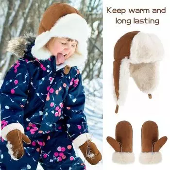 Детская зимняя шапка-перчатки с искусственным мехом, утолщенная, полная защита, термоизоляция, защита от ветра, холодная погода, катание на лыжах, катание на коньках, варежки унисекс, головной убор C