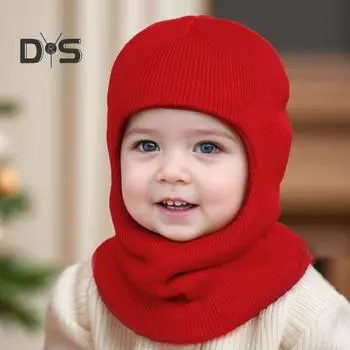 Детская зимняя шапка с интегрированным шарфом, вязаная шапка из пряжи, защита ушей, однотонный ветрозащитный теплый головной убор для детей от 1 до 8 лет красный