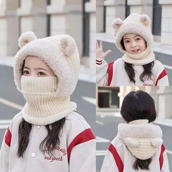 Детская зимняя шапка с медвежьими ушками: Ветрозащитный трикотажный капюшон с защитой шеи для езды на велосипеде