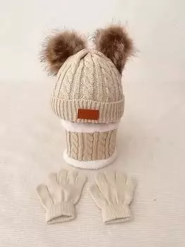 Детская зимняя шапка с меховым шариком, шарф, перчатки, комплект из 3 предметов, вязаная детская шапочка, детские шапки, аксессуары для малышей, детские шапки с капюшоном для От 1 до 5 лет бежевый
