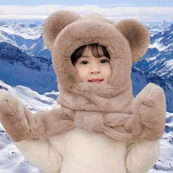 Детская зимняя шапка, шарф, перчатки, комбинированная, толстая, плюшевая, теплая, однотонная, защита ушей, шеи, головы, декоративная, крестообразная, интегрированная шапка, шарф, перчатки, детская шапочка абрикосовый