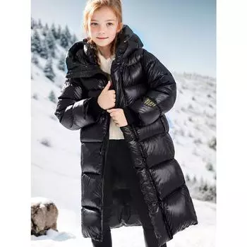 Детская зимняя утолщенная однотонная теплая пуховая хлопковая длинная куртка с капюшоном для девочек 120 чёрный