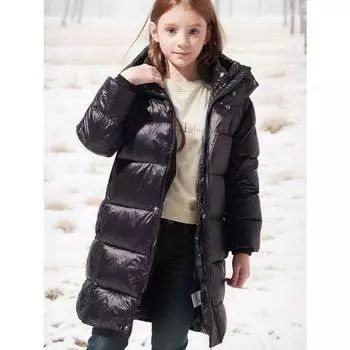 Детская зимняя утолщенная однотонная теплая пуховая хлопковая длинная куртка с капюшоном для девочек 120 чёрный