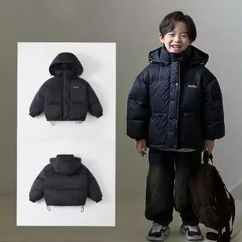 Детская зимняя утолщенная теплая короткая пуховая куртка для детей среднего и большого размера с длинными рукавами и капюшоном 160