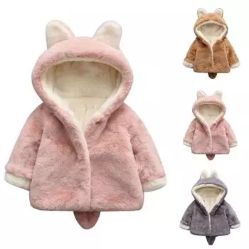Детская зимняя утолщенная теплая куртка из искусственного меха с милым кроликом и капюшоном 18-24M розовый