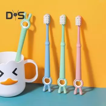 Детская зубная щетка Аккуратно чистая Удобная экологически чистая компактная безопасная защита зубов PBT Мультфильм Кроличьи уши Детская зубная щетка Инструмент для ухода за здоровьем розовый