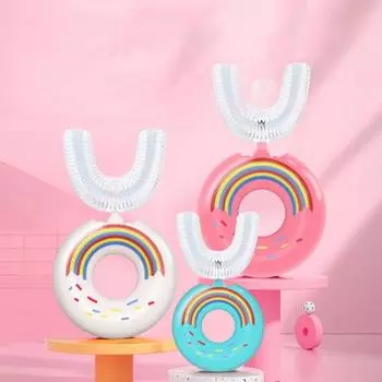 Детская зубная щетка пищевая мультяшная форма силиконовая 360 градусов глубокая чистка U-образная ручная зубная щетка для дома A розовый