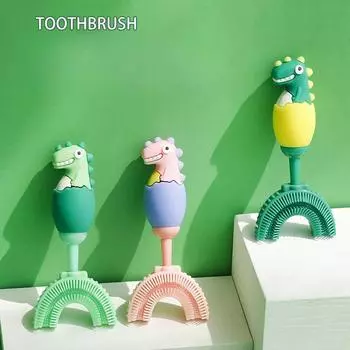 Детская зубная щетка с рисунком маленького динозавра, U-образная зубная щетка для детей 3-8 лет, ручная U-образная специальная силиконовая мягкая щетина розовый