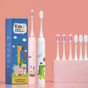Детская звуковая электрическая зубная щетка с красочным мультфильмом для детей, детская умная зубная щетка, перезаряжаемая, водонепроницаемая, со сменными головками