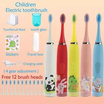 Детская звуковая электрическая зубная щетка, водонепроницаемый USB перезаряжаемый таймер со сменной чашкой для головы, подставка для зубных щеток, набор дорожной коробки