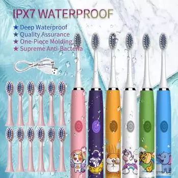 Детская звуковая зубная щетка, мягкая лента для волос, 12 сменных насадок, чистка зубов, милый мультфильм для детей