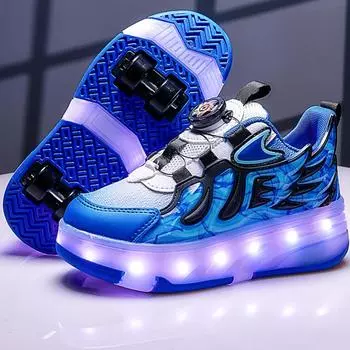 ДЕТСКАЯ четырехколесная зарядная обувь на плоской подошве, обувь со светодиодной лампой, обувь для бегунов, спортивная обувь для катания на роликовых коньках, коньки для девочек 29 розовый/синий