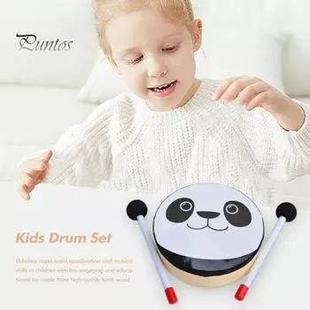 Детские барабаны, деревянные барабаны с изображением медведя из мультфильма, сенсорная игрушка, ударный музыкальный инструмент для малышей, учебное пособие для детей в детском саду чёрный