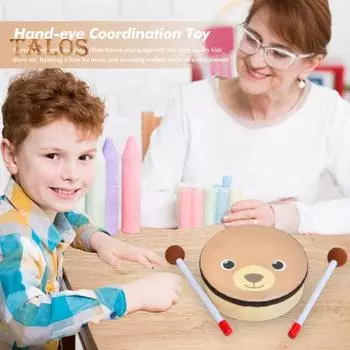 Детские барабаны, деревянные барабаны с изображением медведя из мультфильма, сенсорная игрушка, ударный музыкальный инструмент для малышей, учебное пособие для детей в детском саду жёлтый