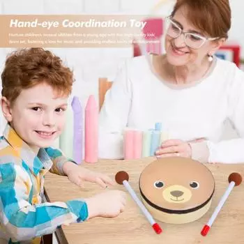 Детские барабаны, деревянные мультяшные барабаны с медведем, сенсорная игрушка, ударный музыкальный инструмент для малышей чёрный