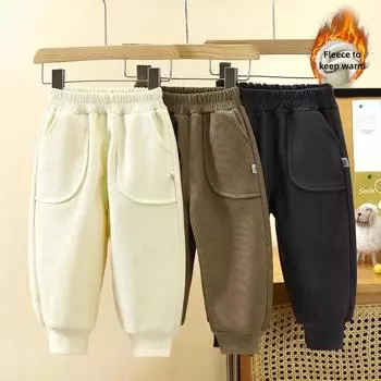 Детские бархатные брюки осень-зима новые однотонные толстые теплые спортивные брюки для мальчиков простые модные корейские детские брюки для девочек 80 чёрный