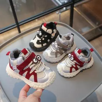 Детские бархатные термокроссовки милые мультяшные очки повседневная обувь 21 чёрный