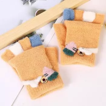 Детские бархатные утолщенные милые мультяшные плюшевые шерстяные студенческие теплые и морозостойкие противоскользящие полупальцевые штампованные студенческие перчатки average size