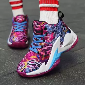 Детские баскетбольные кроссовки для мальчиков, лето 2025, новые детские высокие кроссовки с драконом, тигром, мандарином, уткой, граффити, для родителей и детей, спортивная обувь прилив 34 темно-синий