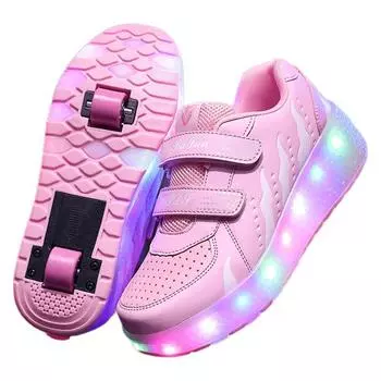 Детские беговые кроссовки с подсветкой, двухколесные коньки, светящиеся светодиодные кроссовки 27