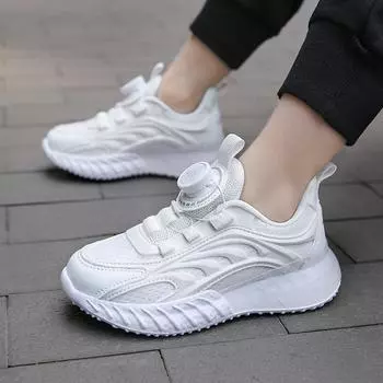 Детские белые туфли 2025 года, летние сетчатые дышащие кроссовки для мальчиков и девочек, вращающиеся кнопки, весенние и осенние белые кроссовки для бега 27 белый