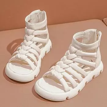 Детские бежевые классические тканые детские сандалии с открытым носком для девочек, повседневные римские сандалии, летняя новая универсальная детская мода 2024 года в Корейском стиле 26 бежевый