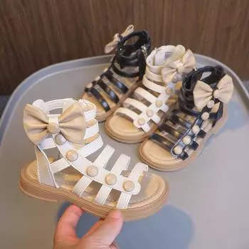 Детские босоножки-гладиаторы для девочек, полые сандалии с бантом, модные летние сандалии принцессы с высоким берцем для больших детей, нескользящие 26 бежевый