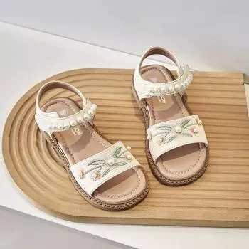 Детские босоножки принцессы с жемчугом 2024 года, летние босоножки для девочек с вышивкой для вечеринки, свадьбы, повседневные модные туфли на плоской подошве, элегантные 23 бежевый