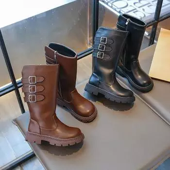 Детские ботинки для девочек, черные, коричневые, простые, повседневные, модные, с толстой подошвой, универсальные, детские, длинные, высокие, нескользящие 26 коричневый