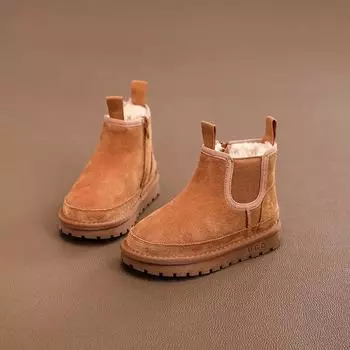 Детские ботинки для мальчиков и девочек, толстая натуральная кожа, теплые, с толстым мехом, детские зимние нескользящие однотонные ботинки на молнии, детские замшевые ботинки 32-insole 19.5cm малиновый