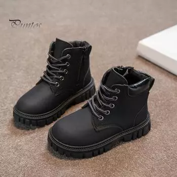 Детские ботинки Martin Boot на шнуровке с нескользящей резиновой подошвой из синтетической кожи, классические ботильоны в британском стиле, всесезонная обувь для малышей для девочек и мальчиков 27 чёрный