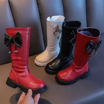 Детские ботинки Martin для осени и зимы. Высокие сапоги в стиле вестерн для девочек. Длинные сапоги. Средние и большие детские черные одинарные сапоги. 26 белый