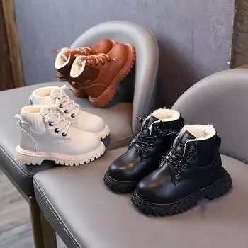 Детские ботинки Martin Plus Cotton Thicken Small and Medium, детские кожаные водонепроницаемые легкие ботинки для мальчиков из хлопка с добавлением кашемира 21