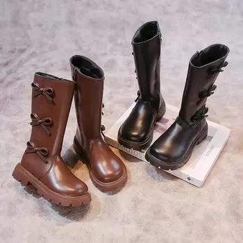 Детские ботинки Милые элегантные кожаные ботинки для девочек Модные детские повседневные ботинки с бантом Весна-Осень До середины икры Универсальные с круглым носком 27 чёрный