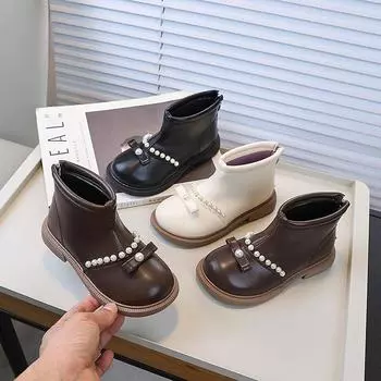Детские ботинки весна-осень для девочек 2024 года, новые детские повседневные модные ботинки, однотонные милые шикарные короткие ботильоны принцессы 26 чёрный