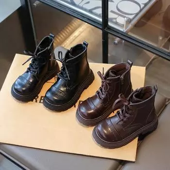Детские ботинки весна-осень, простые ботильоны для девочек на платформе, модные, с круглым носком, новые, универсальные, детские, повседневные, черные кожаные ботинки 26 коричневый