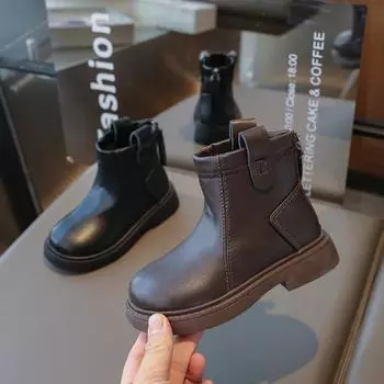 Детские ботинки весна-осень, простые, с круглым носком, для девочек, школьные, ботильоны, модные, нескользящие, детские, повседневные, кожаные ботинки, размер 26-36 26 чёрный