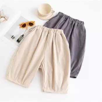 Детские брюки для мальчиков и девочек, летние свободные шаровары из хлопка и льна длиной до икры, повседневные детские брюки для девочек и мальчиков 2–7 лет 100 серый