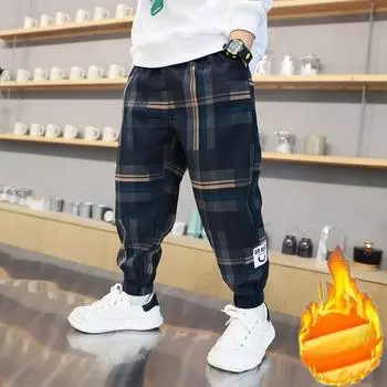 Детские брюки для мальчиков на осень и зиму, спортивные брюки, дышащие клетчатые повседневные брюки, свободные удобные брюки 110