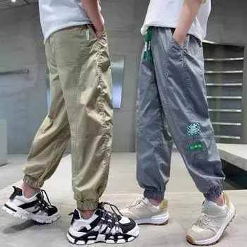 Детские брюки для мальчиков, весенние и летние модели, спортивные брюки, новые брюки, детские повседневные брюки среднего и большого размера. 110 серый