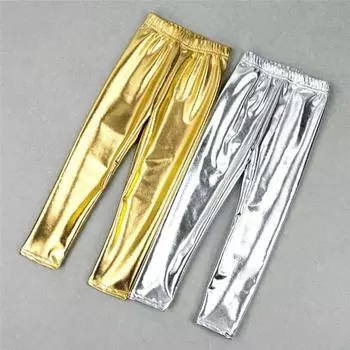 Детские брюки для выступлений с глянцевой эластичной резинкой на талии, яркие однотонные мягкие дышащие гладкие брюки унисекс для вечеринок и сценических шоу, длинные брюки, костюм 120cm золотистый