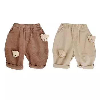 Детские брюки в стиле ретро, нижние штаны, эластичные брюки в рубчик с объемным медведем, вельветовая одежда для младенцев 90