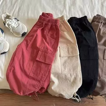 Детские брюки весна и осень для мальчиков и девочек однотонные комбинезоны детские широкие хлопковые брюки брюки-карго 130 бежевый